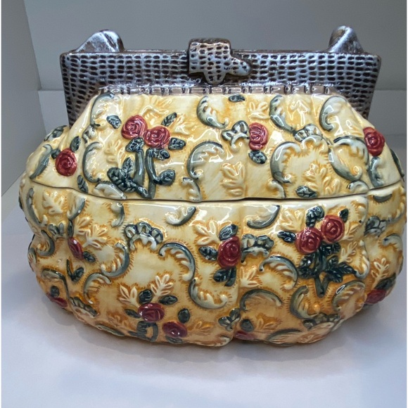 Vtg Porcelain Purse Shaped Cookie Jar Yellow, Green, Silver and Red - Picture 5 of 14